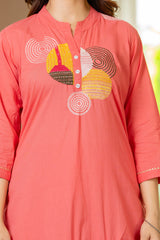 Peach Embroidered Cotton Kurta and Pant Set