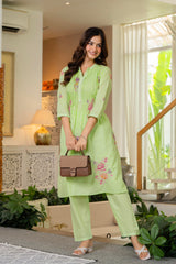 Green Embroidered Printx Work Cotton Co-Ord Set