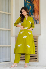 Green Embroidered Cotton Co-Ord Set