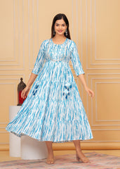 Blue White Tie-Dye Rayon Anarkali Gown