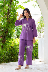 Purple Embroidered Cotton Slub Co-Ord Set