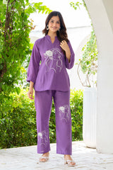 Purple Embroidered Cotton Slub Co-Ord Set