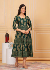 Lunar Green Gold Printed Rayon Anarkali Gown