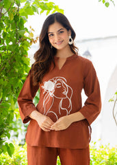 Brown Rust Embroidered Cotton Slub Co-Ord Set