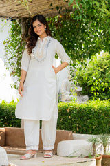 Off White Embellished Cotton Lurex Kurta and Pant Set