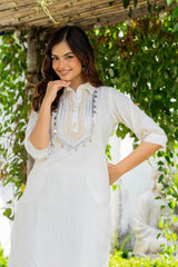 Off White Embellished Cotton Lurex Kurta and Pant Set