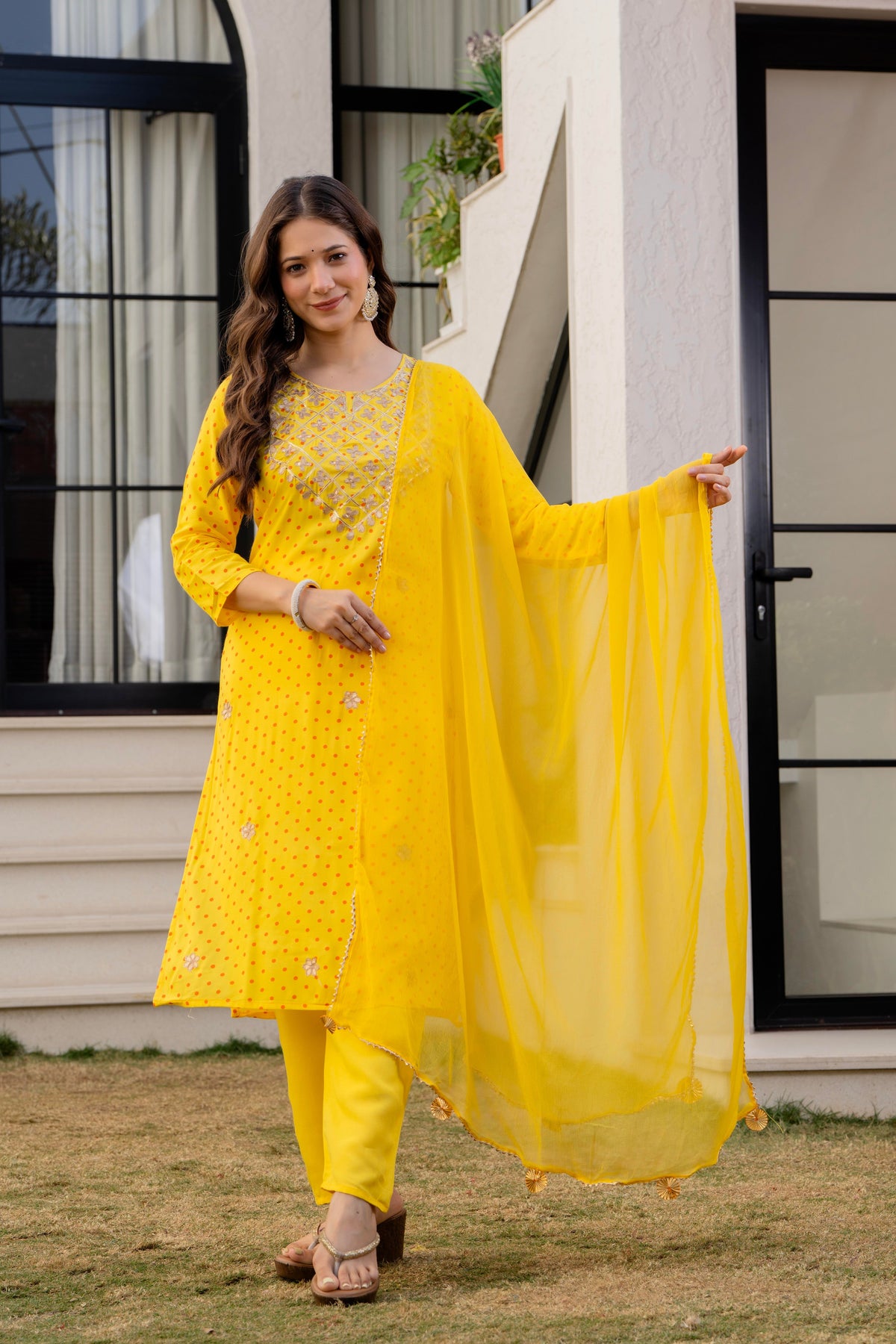 Yellow Embroidered Rayon Kurta and Pant Set Dupatta