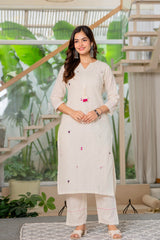 Off White Embroidered Cotton Kurta and Pant Set