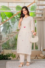 Off White Embroidered Cotton Kurta and Pant Set