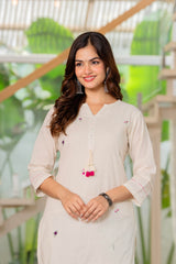 Off White Embroidered Cotton Kurta and Pant Set