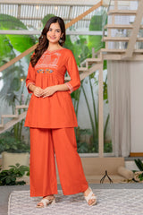 Rust Orange Embroidered Cotton Co-Ord Set