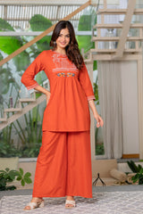 Rust Orange Embroidered Cotton Co-Ord Set