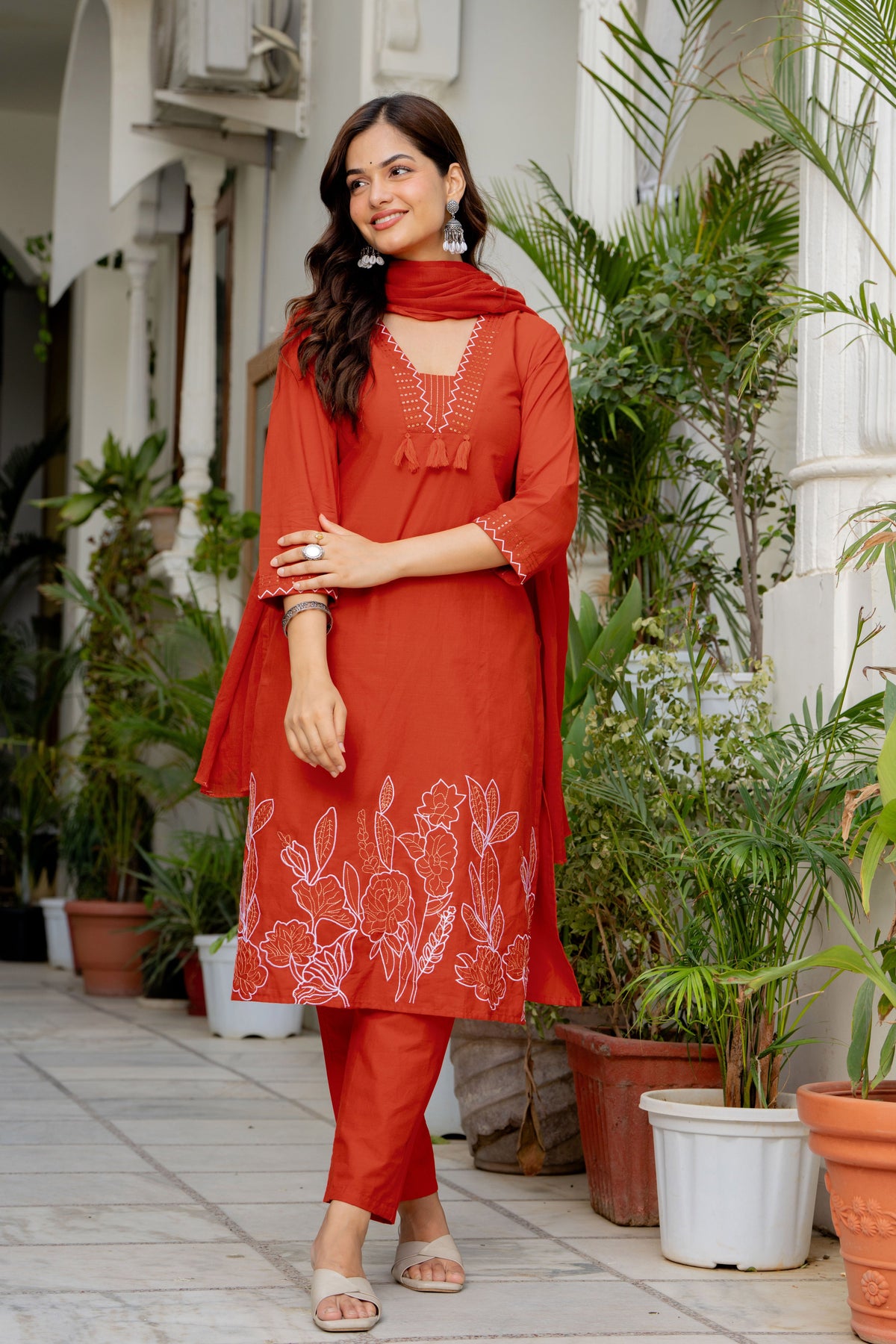 Orange Embroidered Cotton Kurta and Pant Set with Dupatta