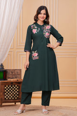 Dark Green Embroidered Cotton Kurta and Pant Set