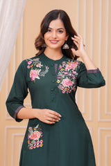 Dark Green Embroidered Cotton Kurta and Pant Set