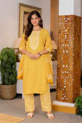 Yellow Printed Cotton Kurta and Pant Set with Dupatta