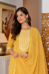 Yellow Printed Cotton Kurta and Pant Set with Dupatta