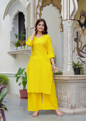 Yellow Katha Cotton Kurta and Cotton Palazzo Set