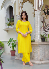 Yellow Katha Cotton Kurta and Cotton Palazzo Set