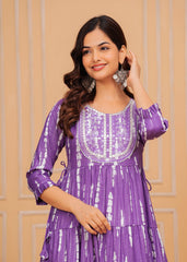 Dark Lilac Embroidered Cotton Lurex Anarkali Gown