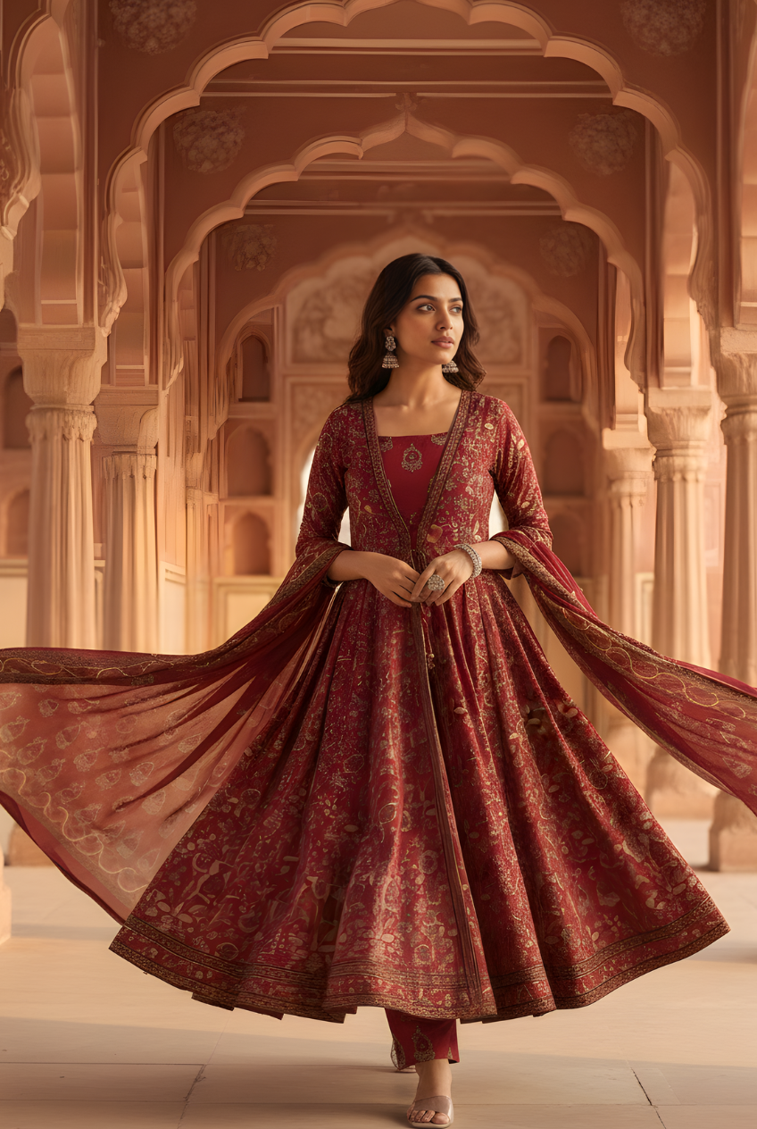 Dull Red Printed Cotton Anarkali Kurta and Pant Set with Dupatta