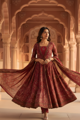 Dull Red Printed Cotton Anarkali Kurta and Pant Set with Dupatta