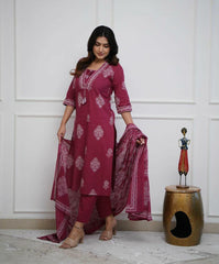 Maroon Cotton Kurta And Pant Set With Mulmul Dupatta