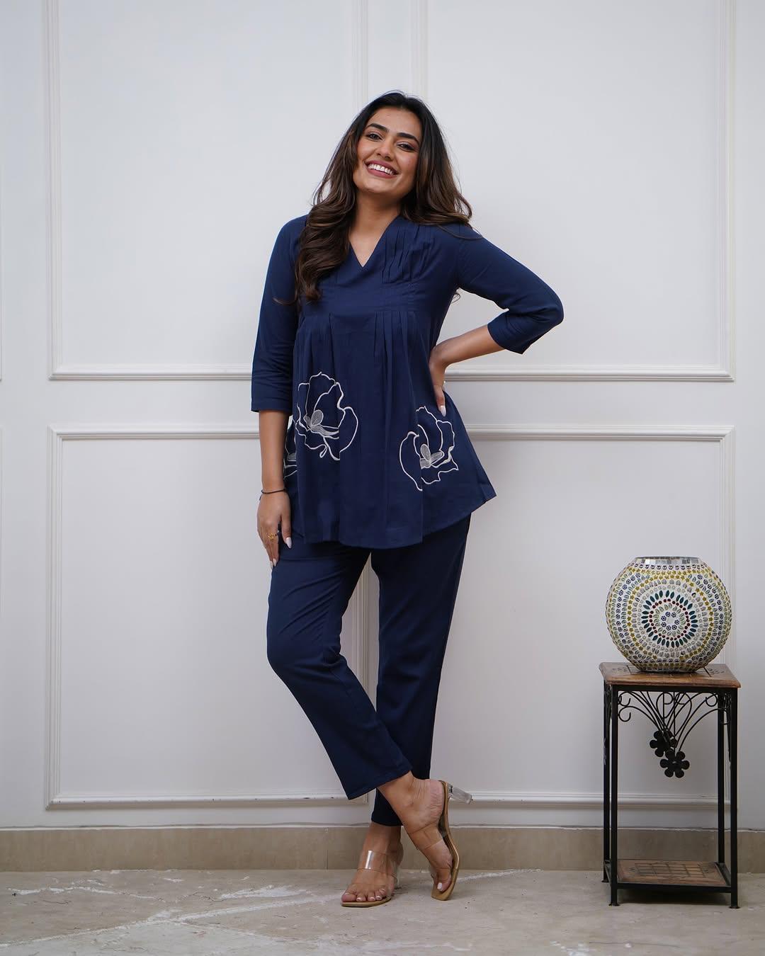 Navy Blue Embroidered Cotton Co-Ord Set