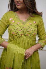Green Embroidered Cotton Kurta and Pant Set with Dupatta