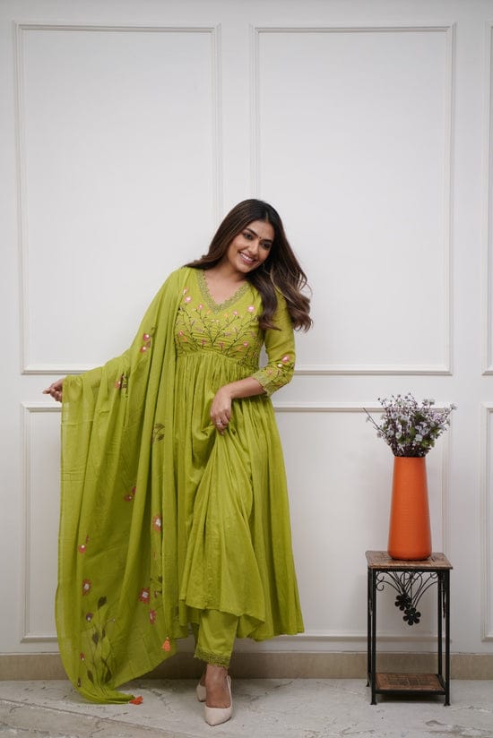 Green Embroidered Cotton Kurta and Pant Set with Dupatta