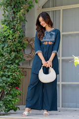 Blue Stone Embroidered Cotton Co-Ord Set