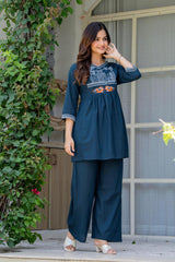 Blue Stone Embroidered Cotton Co-Ord Set