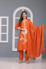 Orange Embroidered Cotton Kurta and Pant Set with Dupatta