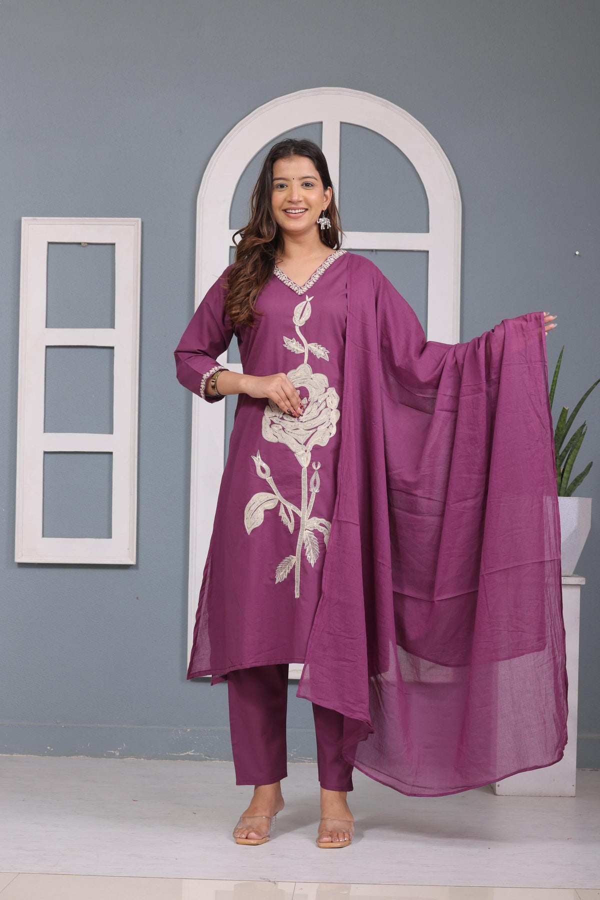 Dark Purple Embroidered Cotton Kurta and Pant Set with Dupatta