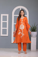 Orange Embroidered Cotton Kurta and Pant Set with Dupatta