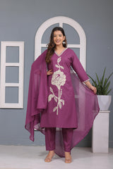 Dark Purple Embroidered Cotton Kurta and Pant Set with Dupatta