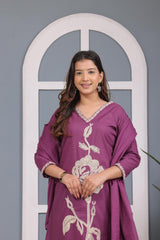 Dark Purple Embroidered Cotton Kurta and Pant Set with Dupatta