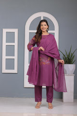 Purple Embroidered Cotton Kurta and Pant Set with Dupatta