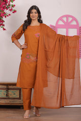 Rust Orange Embroidered Cotton Kurta and Pant Set with Dupatta