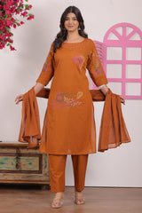 Rust Orange Embroidered Cotton Kurta and Pant Set with Dupatta