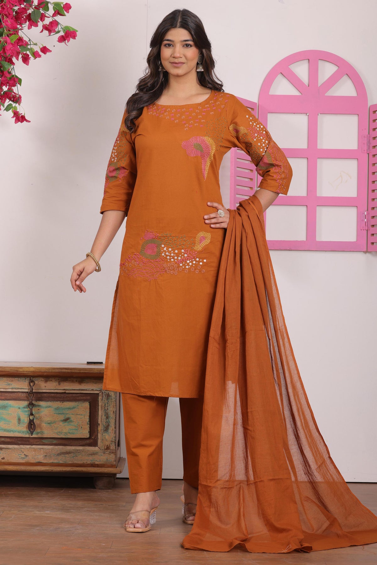 Rust Orange Embroidered Cotton Kurta and Pant Set with Dupatta
