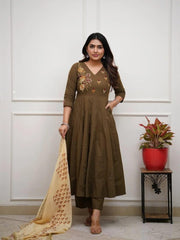 Cafe Noir Embroidered Cotton Kurta and Pant Set with Dupatta