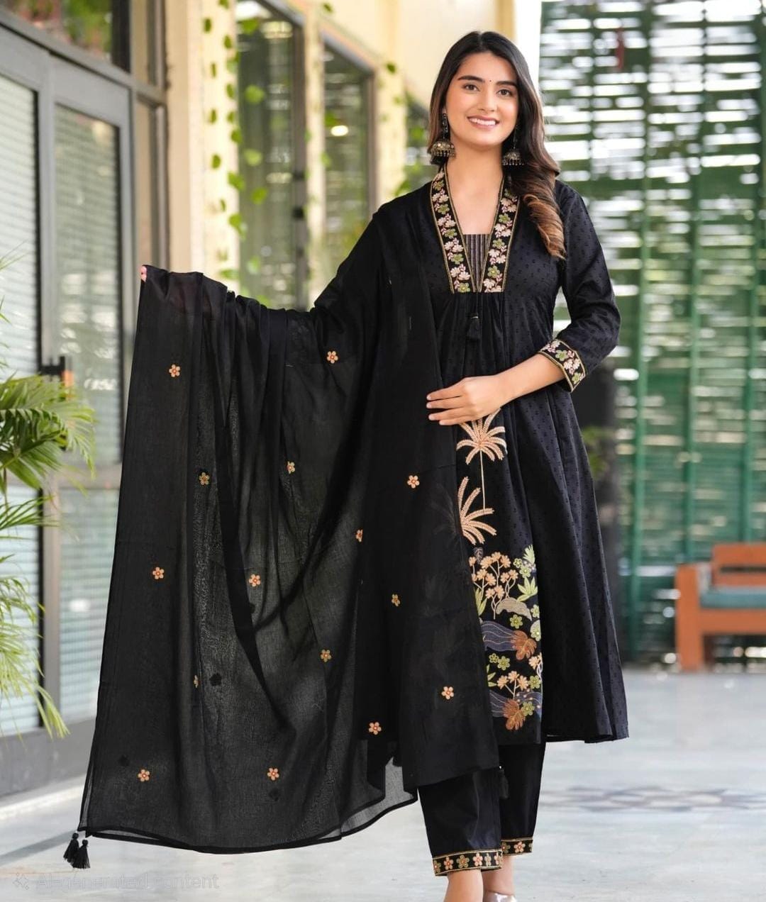 Black Embroidered Ram Boota Kurta and Pant Set with Dupatta