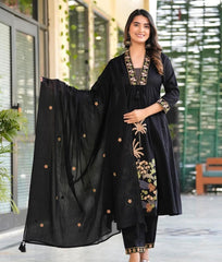 Black Embroidered Ram Boota Kurta and Pant Set with Dupatta