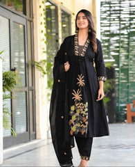 Black Embroidered Ram Boota Kurta and Pant Set with Dupatta