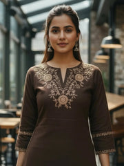 Coffee Embroidered Cotton Flex Kurta and Palazzo Set