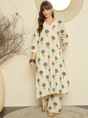 Off White Printed Cotton Flex Kurta and Pant Set