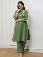 Green Embroidered Cotton Flex Kurta and Pant Set