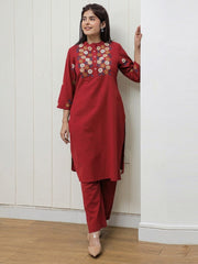 Red Embroidered Cotton Flex Kurta and Pant Set