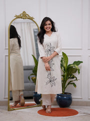 White Embroidered Cotton Flex Kurta and Pant Set